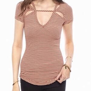 Free People white and brown Striped Ribbed Cut Out Short Sleeve T-Shirt size XS